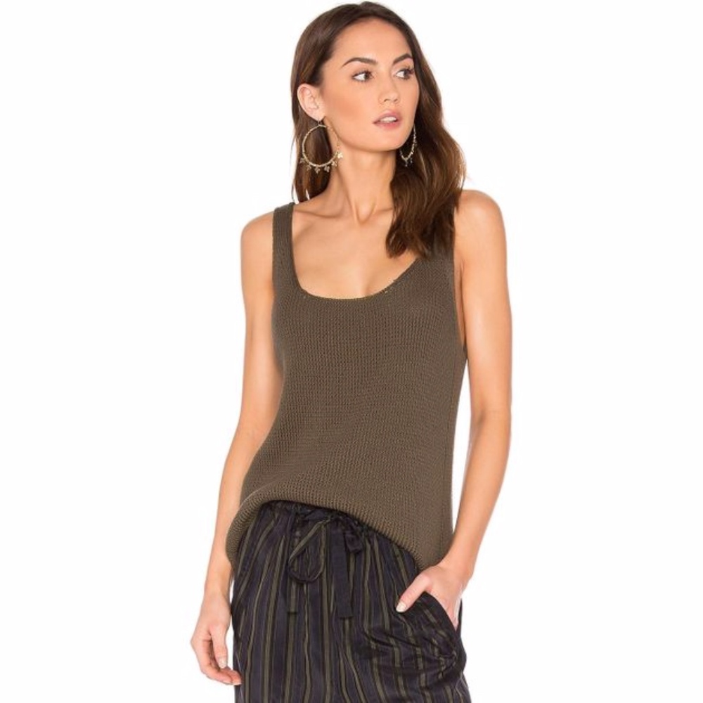 VINCE Lattice Stitch Scoop Neck Tank Olive